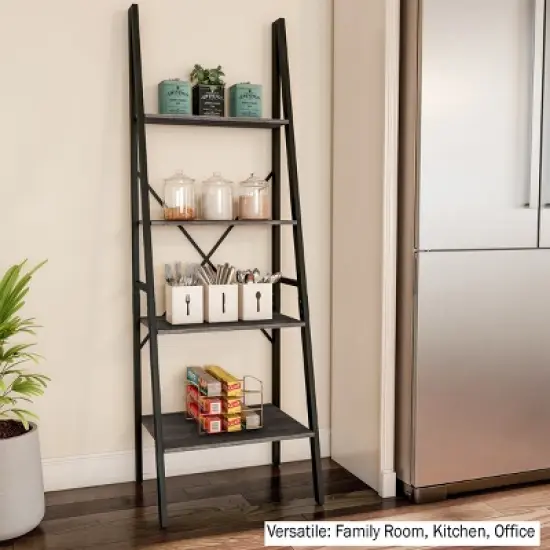 Lavish Home 4-Tier Ladder Bookshelf &ndash; Freestanding Industrial Style Wooden Shelving, Gray/Black image {6}