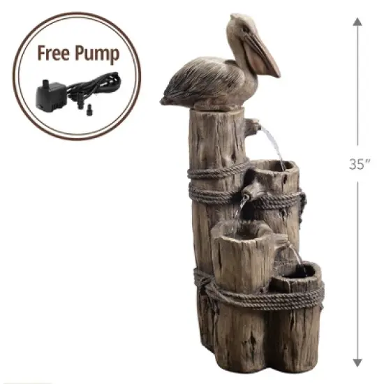Teamson Home Outdoor Tiered Pelican and Wooden Post Waterfall Fountain, Brown image {2}