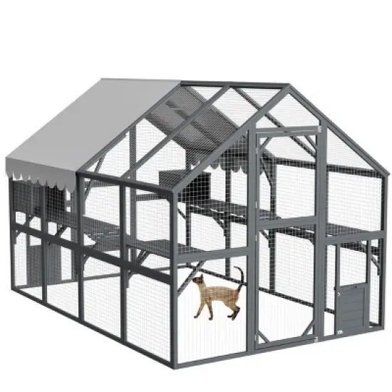 Outdoor Wooden Cat House with Metal Mesh, Waterproof Roof, Catio Enclosure & Cat Run for Patio or Backyard &ndash; The Pop Home image {2}