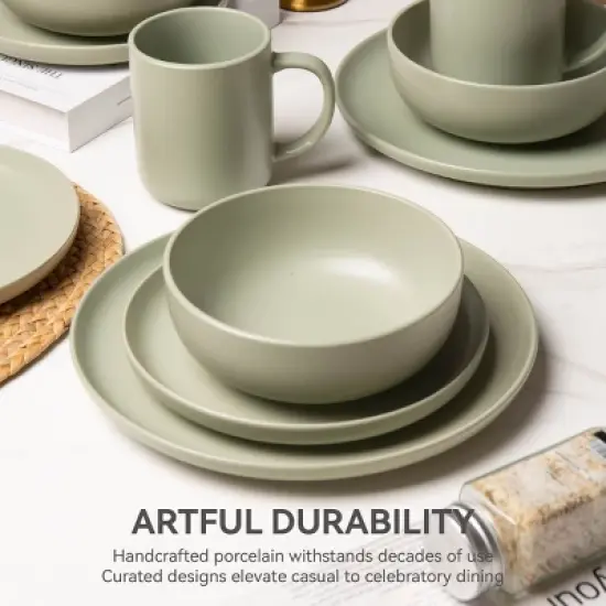 SEVOBAL 12-Piece Stoneware Dinnerware Set Microwave Dishwasher Friendly Stackable Matte Glaze Plates Bowls Service for 4, Green, 10"*10"*2.4" image {2}