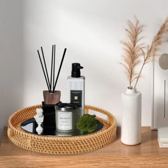 BRINJOY 2-Piece Round Woven Tray Set - Handmade Rattan Serving Trays with Handles (14.17" + 11.9") image {3}