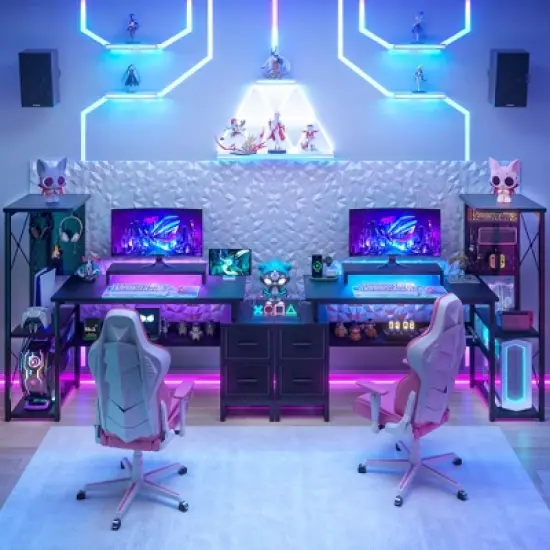 Ahealpus Computer Desk with Power Outlets and Fabric Drawers image {2}