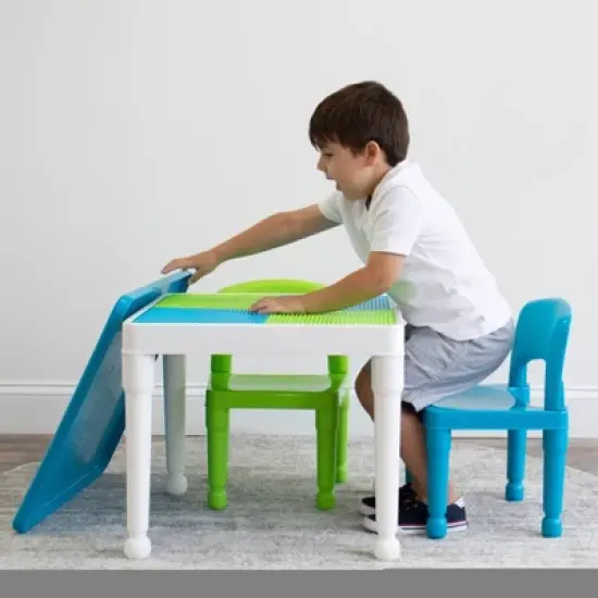 3pc Kids' 2 in 1 Square Activity Table with Chairs and 100pc Building Blocks White/Green/Blue - Humble Crew image {7}