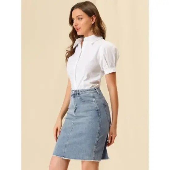 Allegra K Women's Basic Distressed High Waist Ripped Hem Washed Jeans Skirt image {3}