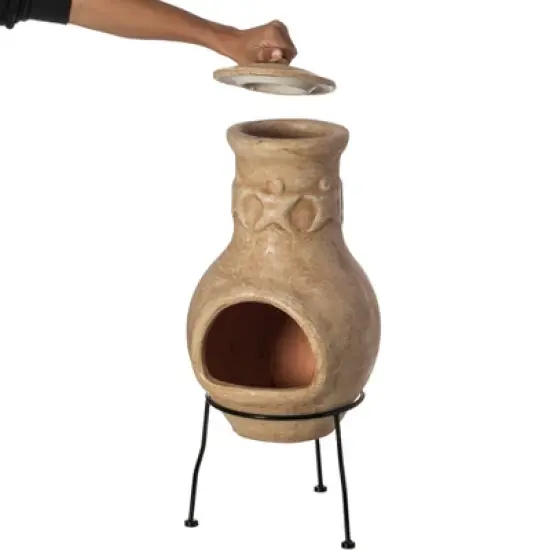 Vintiquewise Outdoor Beige Clay Chimenea Maya Design Fire Pit with Metal Stand image {2}
