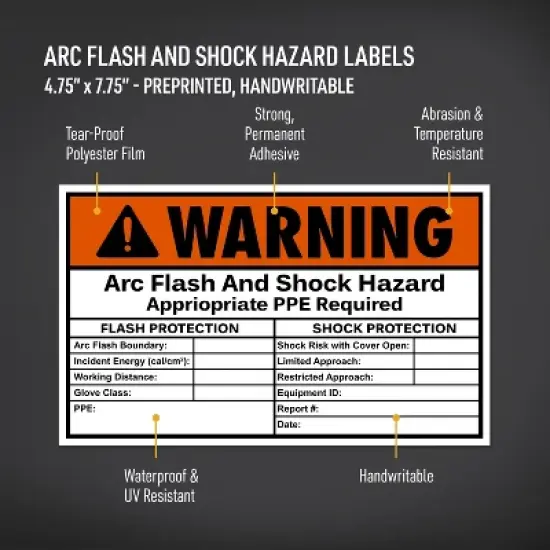 Avery Arc Flash/Shock Warning Labels, Waterproof, UV Resistant, Preprinted, Handwrite-Only, 4.75" x 7.75", 8 Warning Decal Labels image {1}