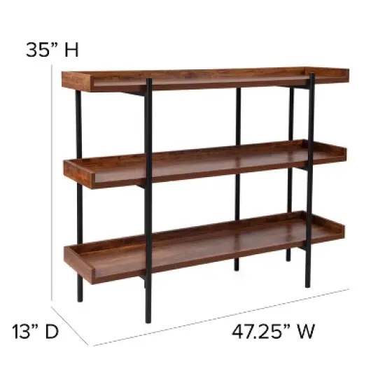 Flash Furniture Mayfair 3 Shelf 35"H Storage Display Unit Bookcase with Black Metal Frame in Rustic Wood Grain Finish image {3}