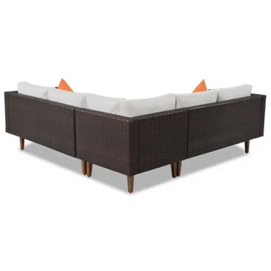 FIONECA 4-Piece Outdoor Wicker Sofa Set, L-Shaped Patio Furniture with Beige Cushions, Brown Rattan & Colorful Accent Pillows image {7}
