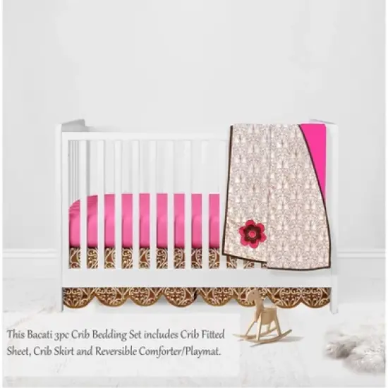 Bacati - Damask Pink Fuschia Chocolate 3 pc Crib Bedding Set image {2}