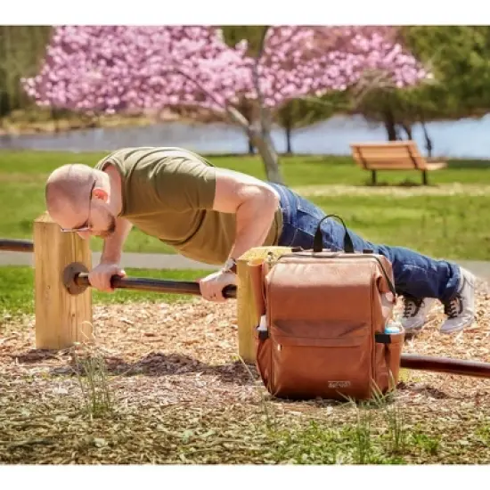 Hannah & Sophia Soho Large Traverse Baby Diaper Bag Backpack in Cognac, Water Resistant Changing Pad & Mini Mom Tote Included, Brown image {9}