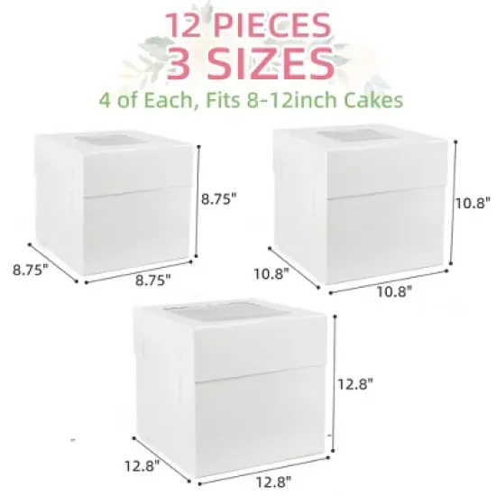 LotFancy Tall Cake Boxes with Window, 3 Sizes 12Pcs 12"x12" x12", 10"x10"x10" and 8"x8"x8" Cake Carrier, White Bakery Boxes image {1}