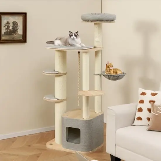Tangkula 63" Tall Modern Cat Tree w/ Perch Condo Hammock 5.6" Scratching Posts image {2}