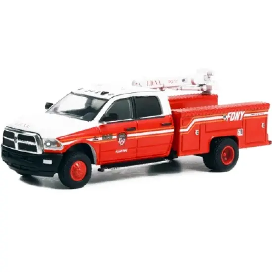 2018 Ram 3500 Dually Crane Truck Red & White w/Stripes "FDNY (Fire Dept of N.Y) Plant Ops" 1/64 Diecast Model Car by Greenlight image {1}