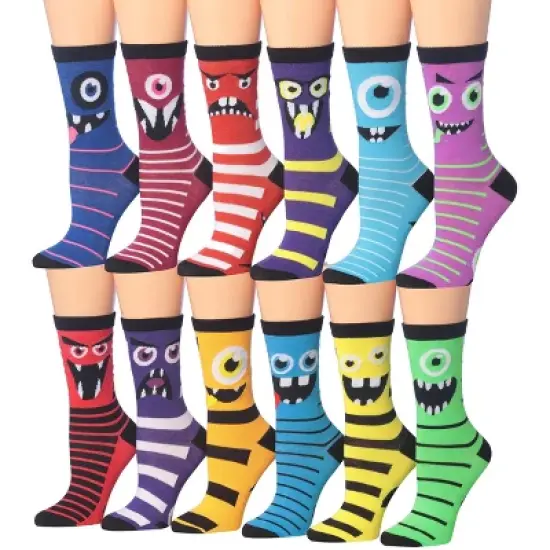 Tipi Toe Women's 12 Pack Colorful Funny Monster Faces Patterned Lightweight Crew Socks image {1}