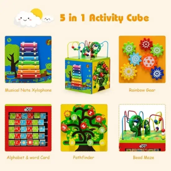 Costway 5-in-1 Wooden Activity Cube Toy Educational Learning Bead Maze w/ Rotatable Base image {4}
