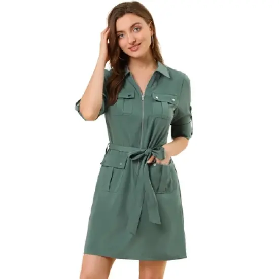 Allegra K Women's Roll Up Sleeves Multi-Pocket Knee Length Belted Shirt Dress image {8}