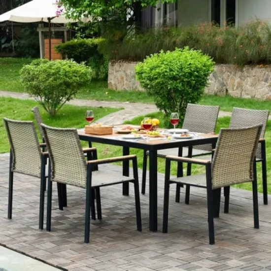 FIONECA All-Weather 7-Piece Patio Dining Set with Acacia Wood Table Top & Umbrella Hole, Brown Gray Rattan Outdoor Conversation Set image {1}