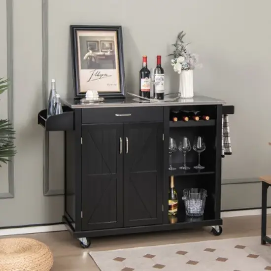 Costway Kitchen Island Cart Rolling Utility Trolley Stainless Steel Top Wine Rack image {3}