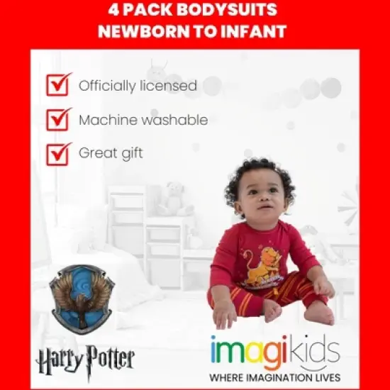Harry Potter Hogwarts Hufflepuff Ravenclaw Slytherin Gryffindor Baby 4 Pack Cuddly Bodysuits Newborn to Infant image {5}