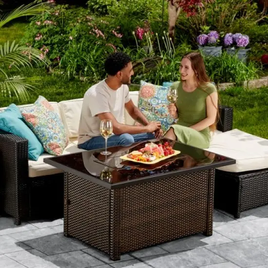 Endless Summer 44 x 32" Rectangular 40,000 BTU Liquid Propane Gas Outdoor Fire Pit Table w/ White Fire Glass, Center Insert and Cover, Brown/Black image {2}