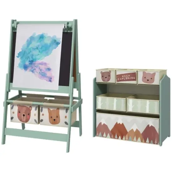 Qaba Kids Toy Organizer and Kids Easel Set with 6 Storage Bins, Paper Roll, Blackboard, Whiteboard, Cute Bear Design, for Ages 3-8 Years, Green image {3}