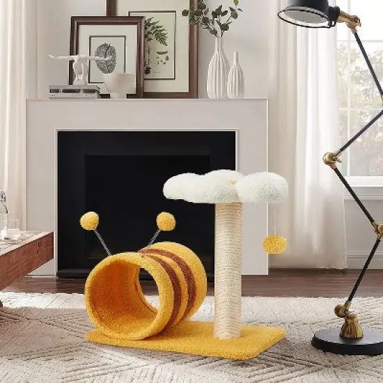 EROMMY 14.6" Flower Cat Tree with Well-padded Perch, Cat Tower with Sisal Scratching Posts and Interactive Toys, Yellow image {2}