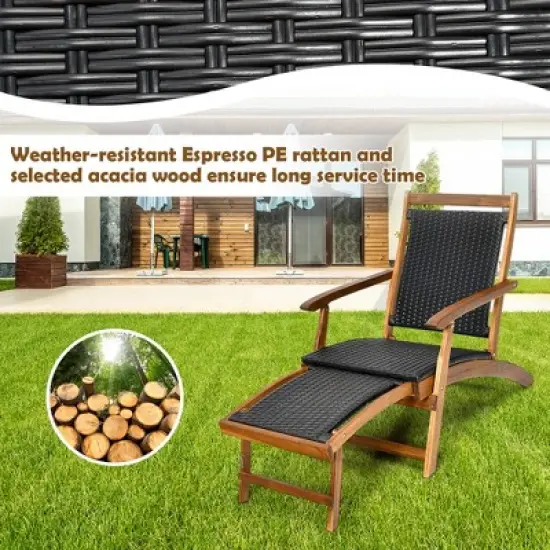 Costway  Patio Folding Rattan Lounge Chair Wooden Frame W/ Retractable Footrest image {5}