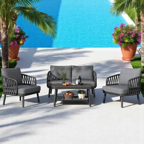 4-Piece Outdoor Conversation Set with Woven Rope U-Shaped Backrest, Acacia Wood Coffee Table, Water-Repellent Cushions image {1}