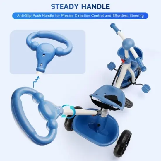 Topteng Kid Steer and Stroll Trike - Blue: Adjustable Handlebar, Steel Frame, Front & Back Basket image {5}
