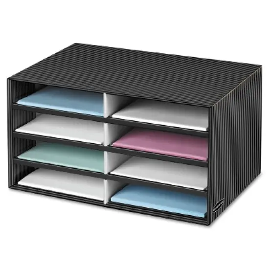 Bankers Box Decorative Sorter, 8 Letter Compartments, 19.5 x 12.38 x 10.25, Black/Gray Pinstripe image {4}
