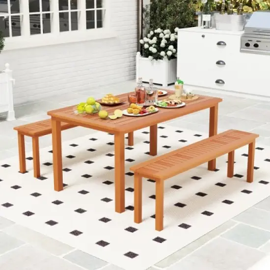 Tangkula Set of 3 Patio Dining Set Solid Wood Dining Table w/2 Benches 2" Umbrella Hole image {3}