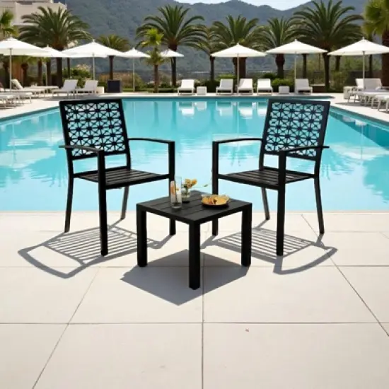 3-Piece Stackable Bistro Set, Modern Metal Patio Furniture with Square Table & Chairs for Indoor & Outdoor, Ideal for Backyard, Balcony and Poolside image {4}