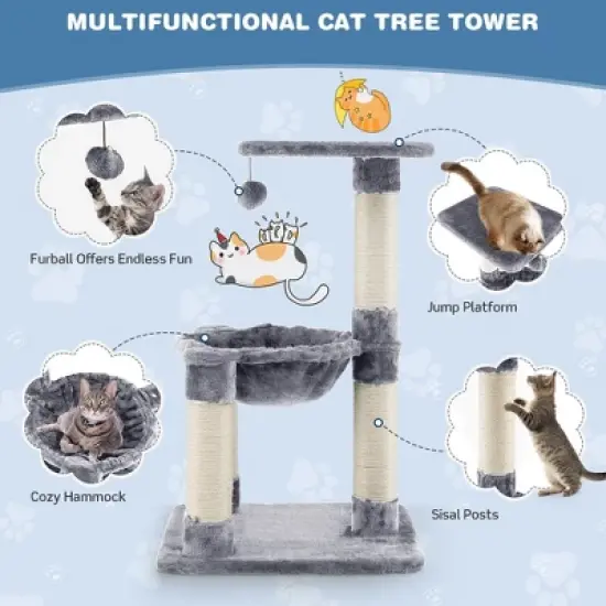 Tangkula Cat Tree Multi-Level Cat Tower w/ Scratching Posts & Cat Hammock Grey image {5}