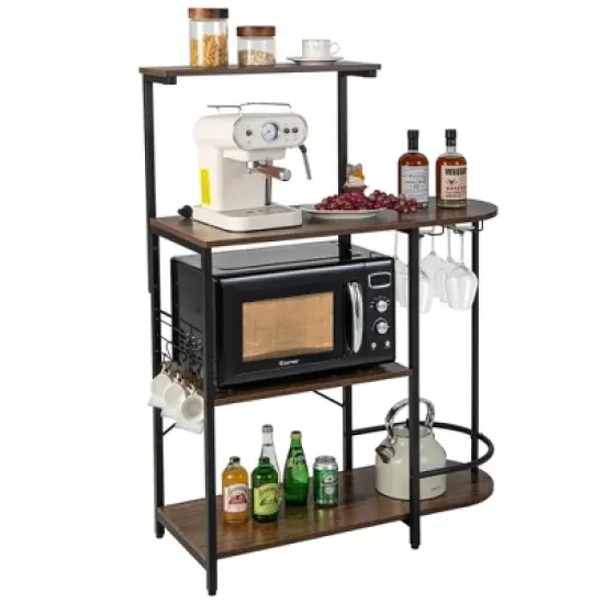 Costway Kitchen Bakers Rack Microwave Stand Coffee Bar w/ S-Hooks & Stemware Holder image {9}