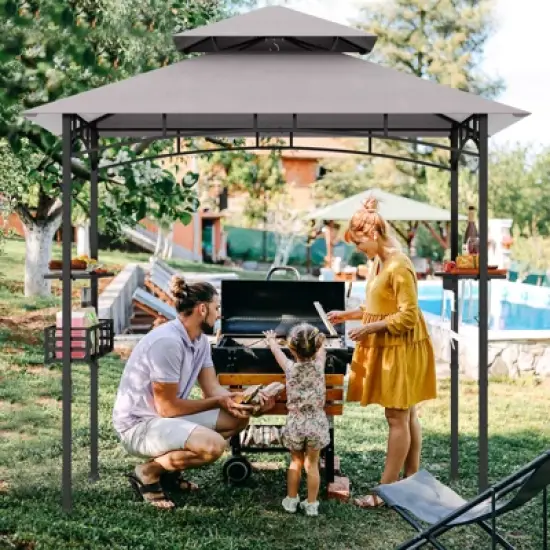 Tangkula 8 x 5 FT Outdoor Grill Gazebo Double Tiered BBQ Canopy Tent w/ 2 Side Shelves 20 Hooks Bottle Opener & Storage Basket image {3}