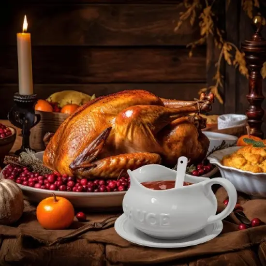 KOVOT 24 Oz Gravy Boat, Tray and Ladle Set - Perfect for Gravies, Sauces, and Dressings - White Elegant Ceramic with The Word "Sauce" On It image {5}