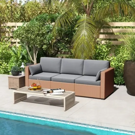 Resenkos 3-Seat Sofa, Outdoor Sectional Furniture, PE Rattan, Brown image {1}