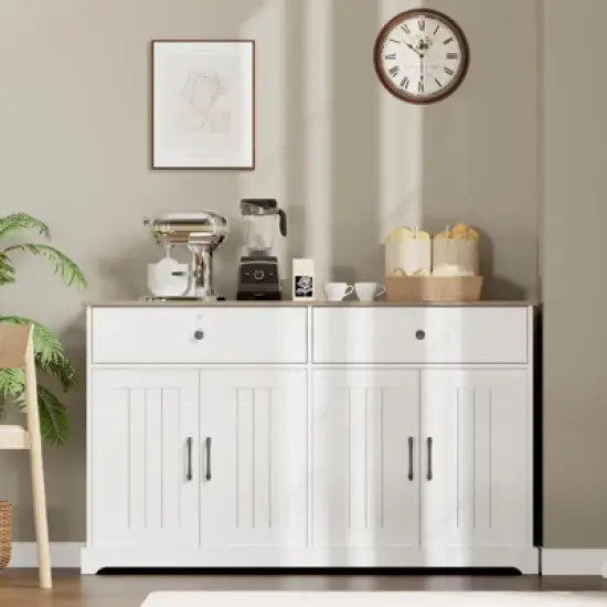 56" Large Sideboard Buffet Cabinet with Storage, Wooden Kitchen Storage Cabinet with Adjustable Shelf, Drawers & Barn Doors,  Coffee Bar Buffet Table image {9}