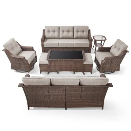 POCASSY 6 Inch Thick Cushion Patio Furniture Set with Swivel Glider Chairs, 8 Piece Patio Set with Brown Wicker Round Rattan and Olefin Cushion Cover image {4}