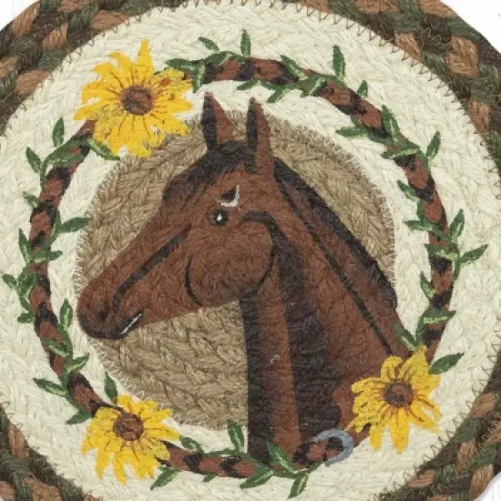 Earth Rugs Horse Lover Gift &ndash; Handmade Jute Hot Pad with Brown Horse and Daisies image {2}