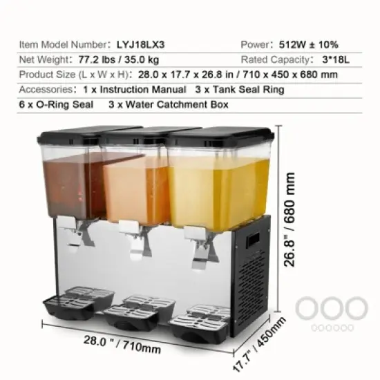 VEVOR Commercial Beverage Dispenser, 3 Tanks 18 L / 19 QT Per Tank Juice Dispenser, 512W Stainless Steel Ice Tea Drink Machine image {7}