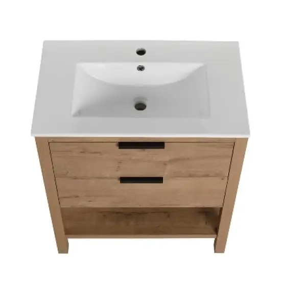30" Bathroom Vanity with 2 Drawers and 1 Ceramic Sink, Oak - ModernLuxe image {7}