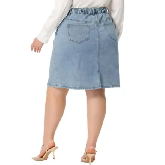 Agnes Orinda Women's Plus Size Denim Classic Slash Pocket Elastic Waist Pencil Back Slit Jeans Skirts image {3}