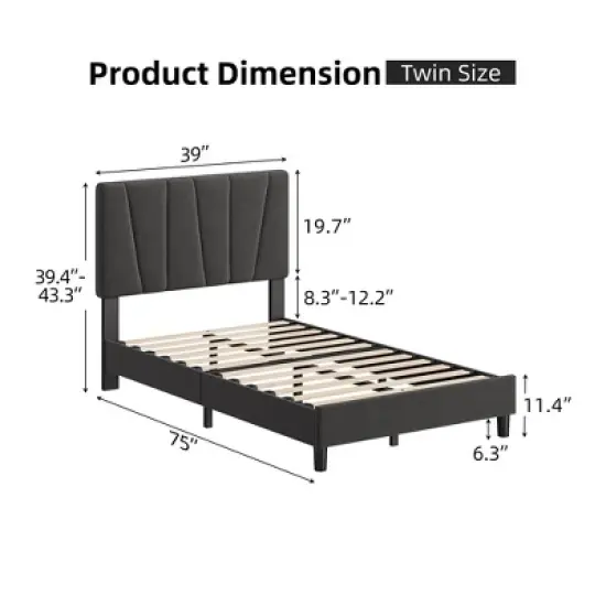 WhizMax Bed Frame with Adjustable Headboard, Linen Upholstered Platform Bedframe with Strong Wooden Slats, No Box Spring Needed, Easy Assembly, Grey image {2}