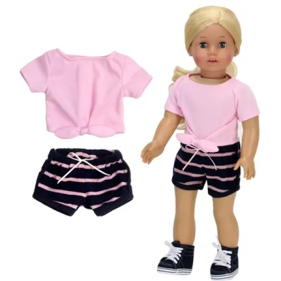Sophia&rsquo;s 2 Piece Summer Outfit with Tie Front Tee and Striped Shorts for 18" Dolls, Pink/Navy image {2}