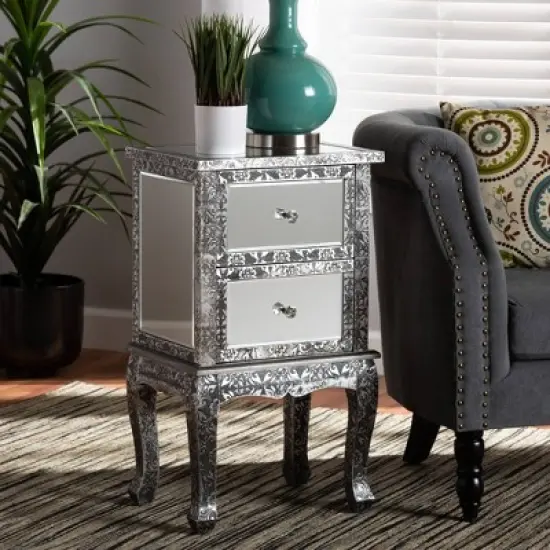 Wycliff Metal and Mirrored Glass 2 Drawer Nightstand Dark Gray/Silver - Baxton Studio image {1}