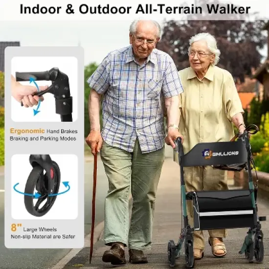 Rollator Walkers for Seniors with Seat, No Assembly Foldable 8" Non-Slip Big Wheels All Terrain Lightweight Durable Rolling Walker with Backrest image {1}