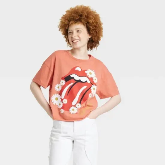 Women's The Rolling Stones Daisy Floral Short Sleeve Graphic Crop T-Shirt - Orange image {3}