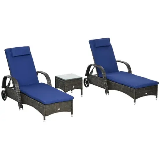 Outsunny Chaise Lounge Set of 2 with 5 Angle Backrest, Wheels, Armrests, Table, Cushions, PE Rattan Wicker Chairs, 3-Piece Pool Furniture Set image {10}