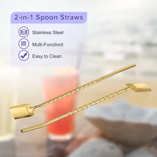 Unique Bargains Stainless Steel Reusable Long Handle Shovel Shaped Spoon Straws 4 Pcs image {3}